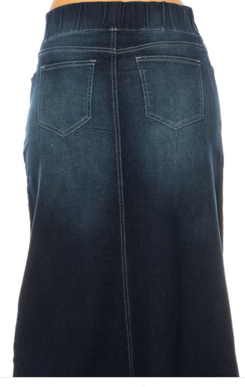 Long Scalloped Denim Skirt