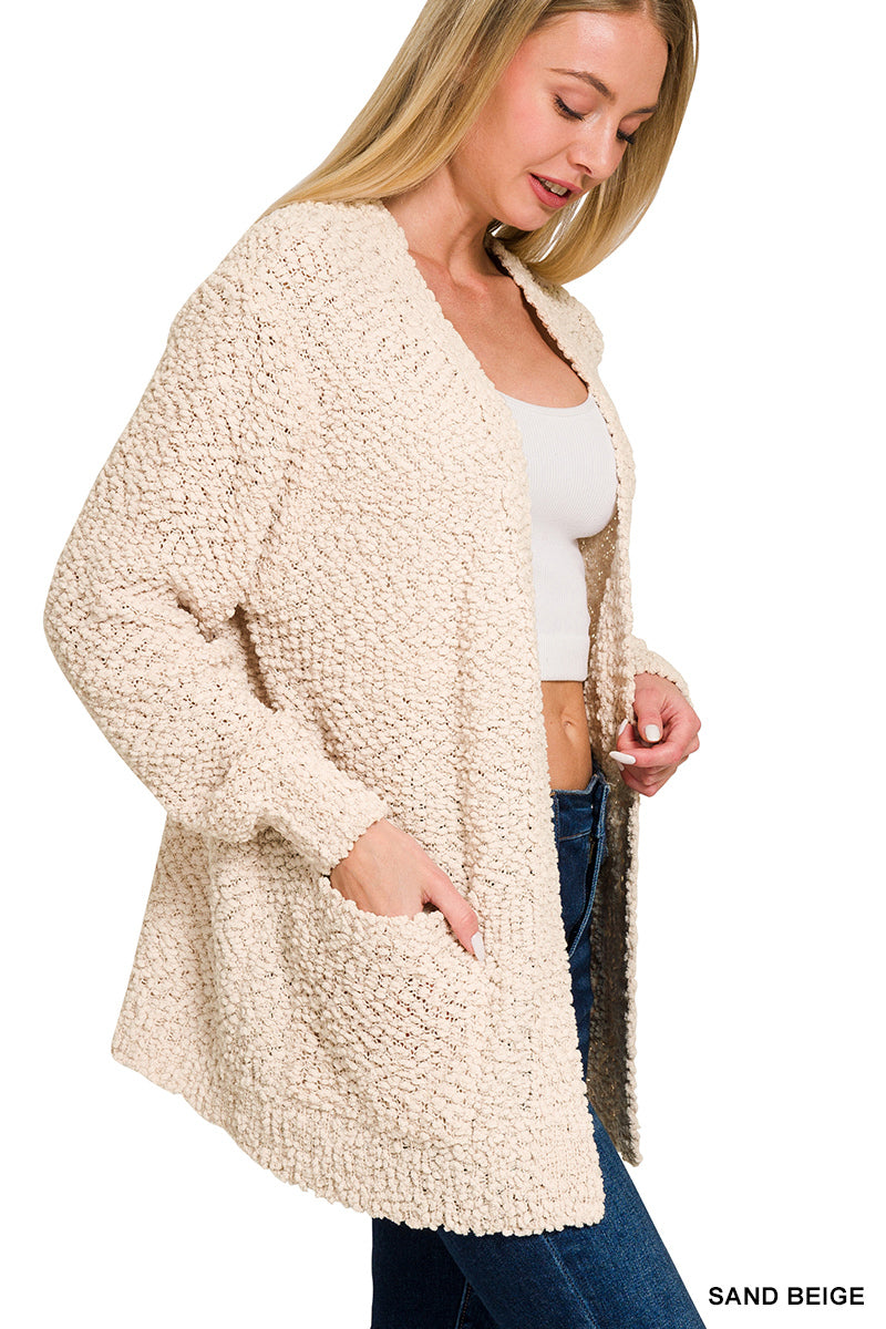 Long Sleeve Popcorn Sweater Cardigan with Pockets