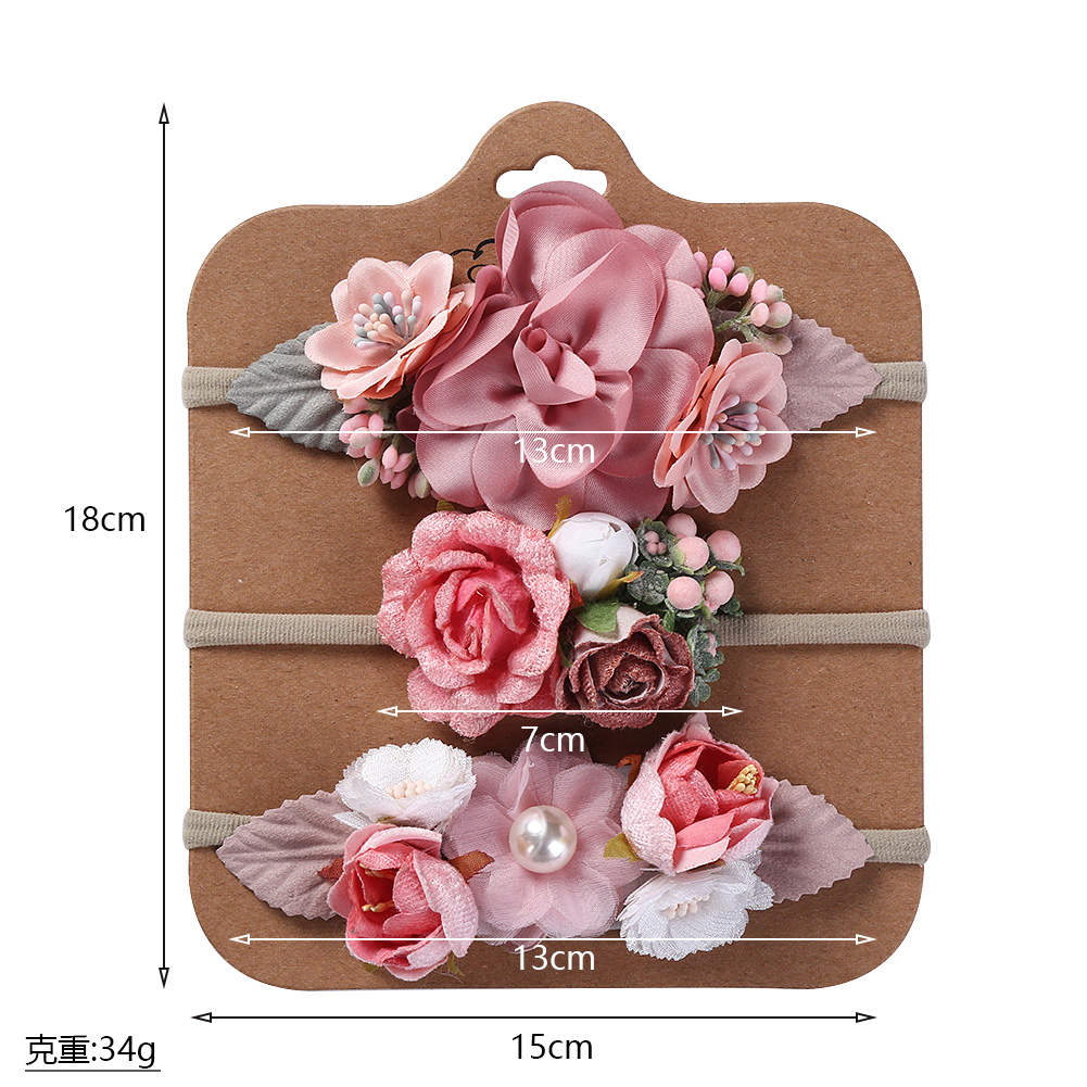 Nylon Headbands with Flowers / 3 Pieces- Pink