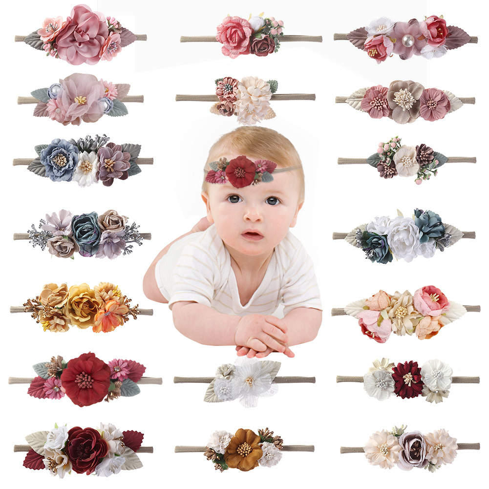 Nylon Head Bands with Flowers , 3 Pieces - Red