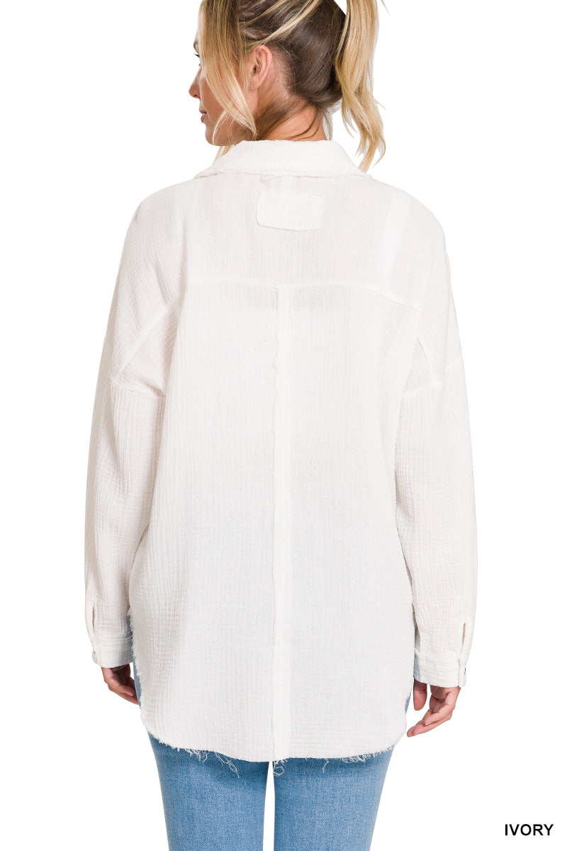 DOUBLE GAUZE OVERSIZED RAW EDGE SHIRT