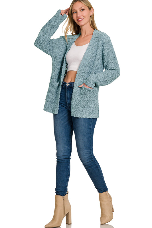 Long Sleeve Popcorn Sweater Cardigan with Pockets