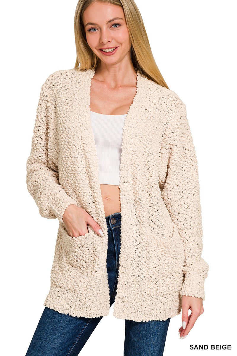 Long Sleeve Popcorn Sweater Cardigan with Pockets