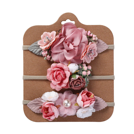 Nylon Headbands with Flowers / 3 Pieces- Pink