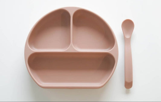 Silicone Suction Plate w/ Lid & Spoon -Coral