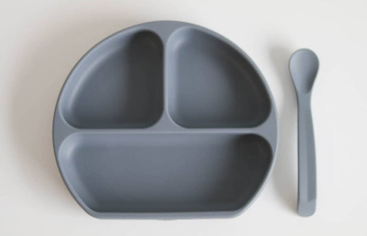 Silicone Suction Plates w/ Lid and Spoon -Stone Blue